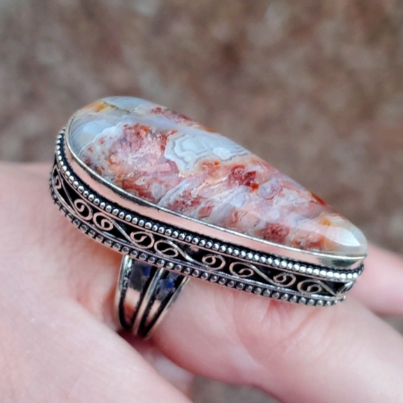 New Oversized Crazy Lace Agate 925 Silver Statement Ring. - Picture 15 of 16
